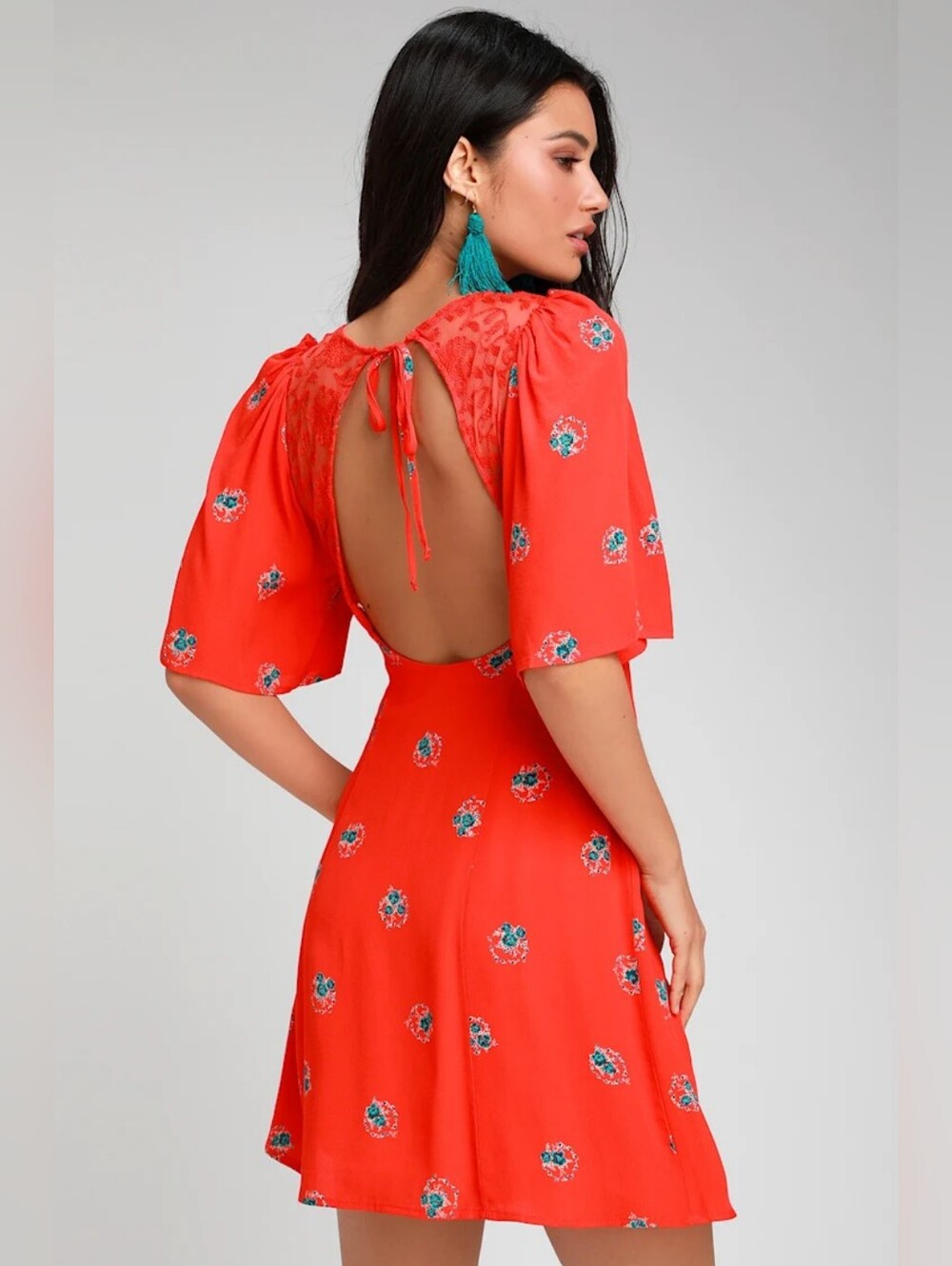 Free People Mockingbird Coral Red Floral Print Backless Mini Dress